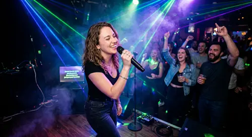 Guest singing karaoke on stage